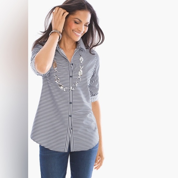 Chico’s| Horizontal Stripe Shirt, No-Iron Button Down Blouse, Size 1/Medium••• - Picture 2 of 15
